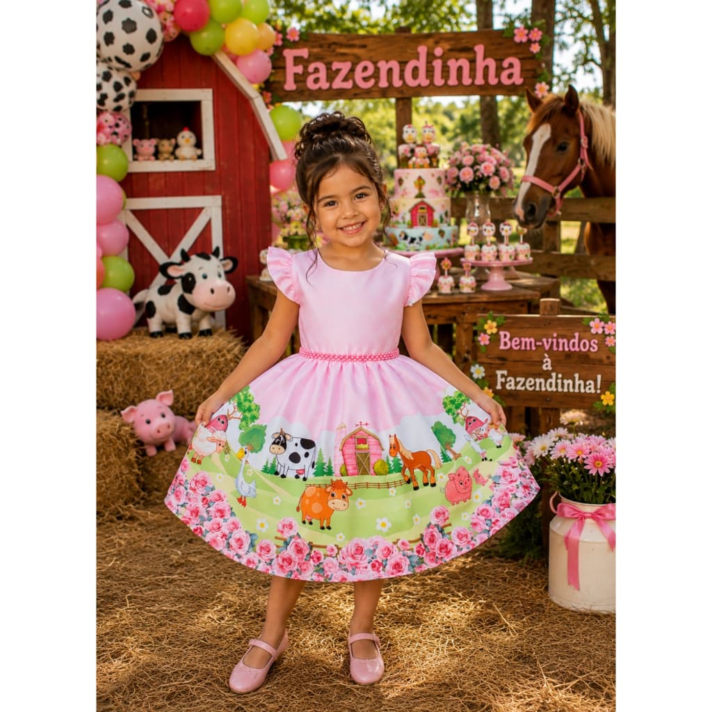Vestido Fazendinha Rosa Festa luxo Aniversário Temático Princesa de 1a 4 anos