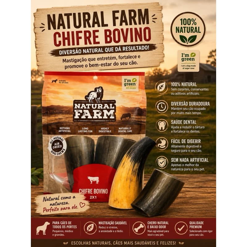 Petisco Chifre Desidratado Bovino Pacote Com 2 unidades Natural Farm 238g Mordedor Natural