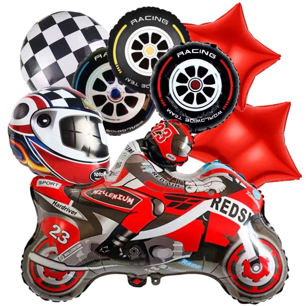 Kit Balão Festa Corrida Bexigas Moto Capacete Estrela Roda 8Peças