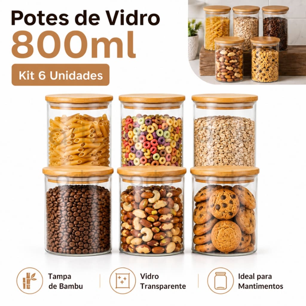 Kit 6 Potes De Vidro para Mantimentos com Tampa Bambu 800ml