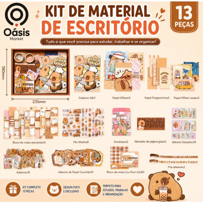 Kit Completo de Material de Escritório Papelaria Kawaii Capivara 13 Peças