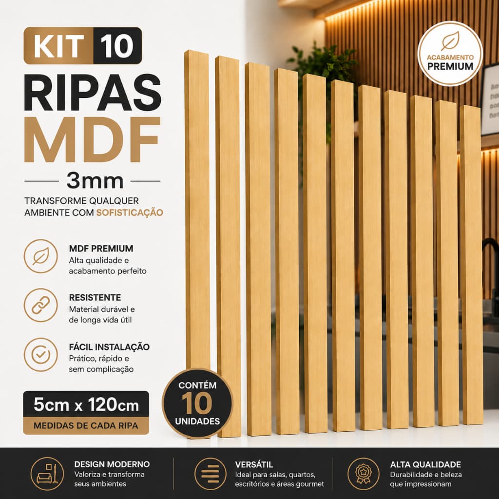 Kit 10 Ripas MDF 3mm Painel Ripado Decorativo 5x120cm