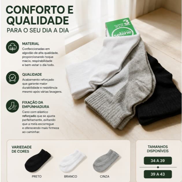 Kit 3 Pares Meias Esportivas Máximo Conforto, Durabilidade e Elasticidade Perfeita - Selene Original