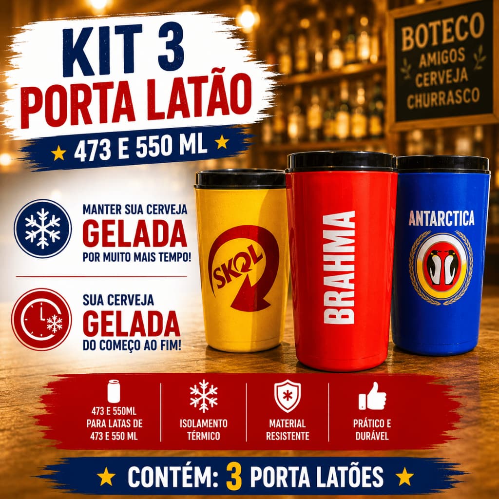 KIT 3 PORTA LATÃO 473ml SUPORTE CERVEJA TERMICO PERSONALIZADOS
