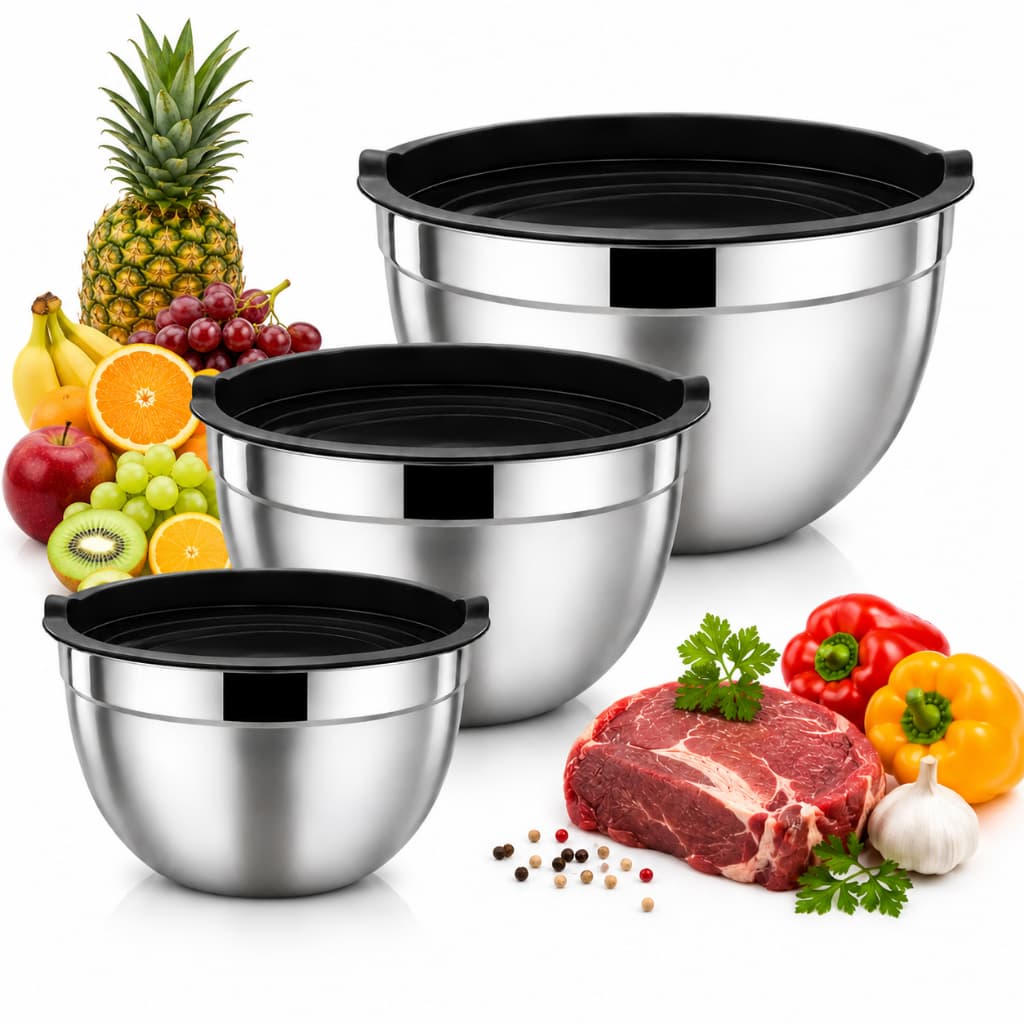 Bowl Aço Inox com Tampa Silicone 3 Tamanhos 18/20/22cm Vedação Higiênica para Armazenar e Preparos