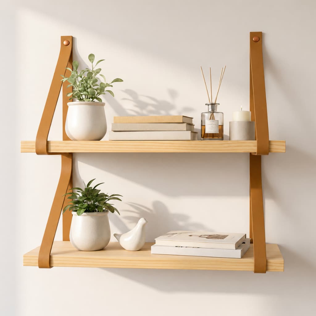Prateleira Suspensa de Couro com Madeira Pinus Nicho Decorativo Kit 2 Parede Sala Quarto Estilo Moderno e Rústico