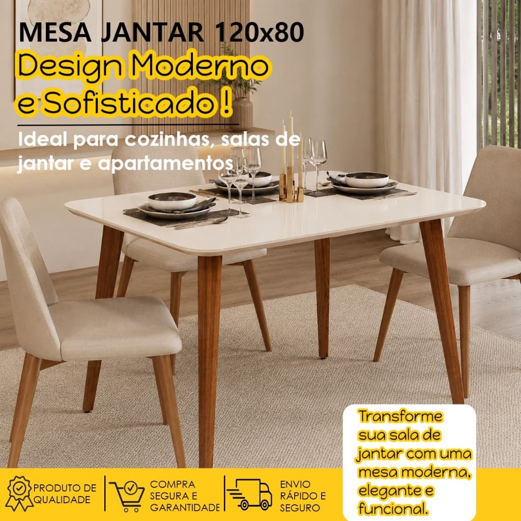 Mesa De Jantar 110x80 Elegante Retangular pés Madeira Tampo em MDF 15 mm