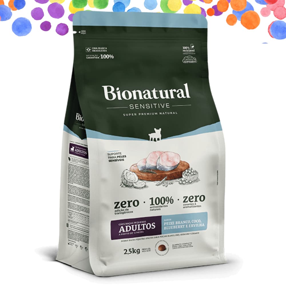BIONATURAL SENSITIVE SUPER PREMIUM NATURAL CAES ADULTOS DE RAÇAS PEQUENAS 2,5 KG PEIXE BRANCO, COCO, BLUEBERRY E ERVILHA