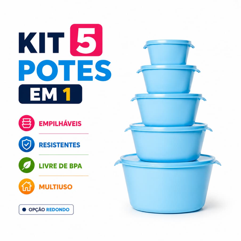 Kit 5 Tapoer Potes com Tampa Hermética Organizadora Cozinha Marmita