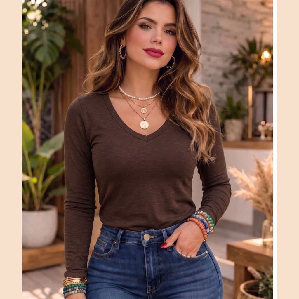 Blusa  Manga Longa Gola V  Segunda Pele Feminina Casaquinho Viscolycra Básica Inverno