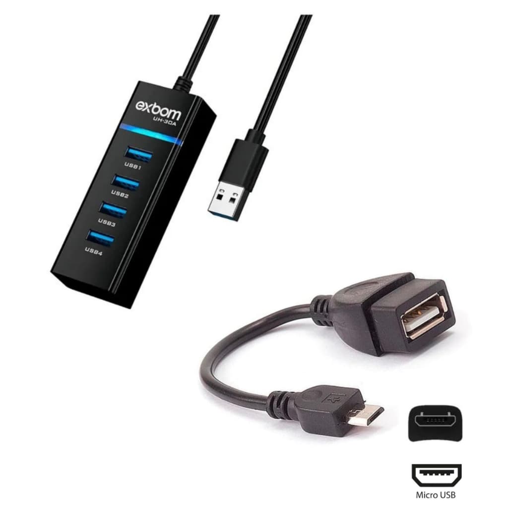 Kit Mobilador Hub USB 4 Portas + Cabo Adaptador OTG USb Micro Usb V8 Para Celular e Notebook