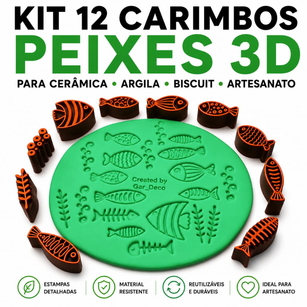 Kit 12 Carimbos Peixes 3D para Argila, Biscuit e Cerâmica | Moldes Fundo do Mar Artesanato | Textura em Relevo