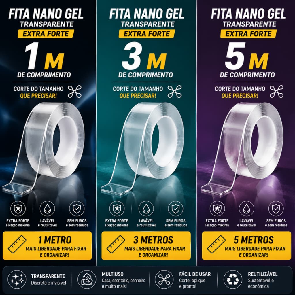 Fita Dupla Face Nano Gel Transparente Reutilizável Multiuso