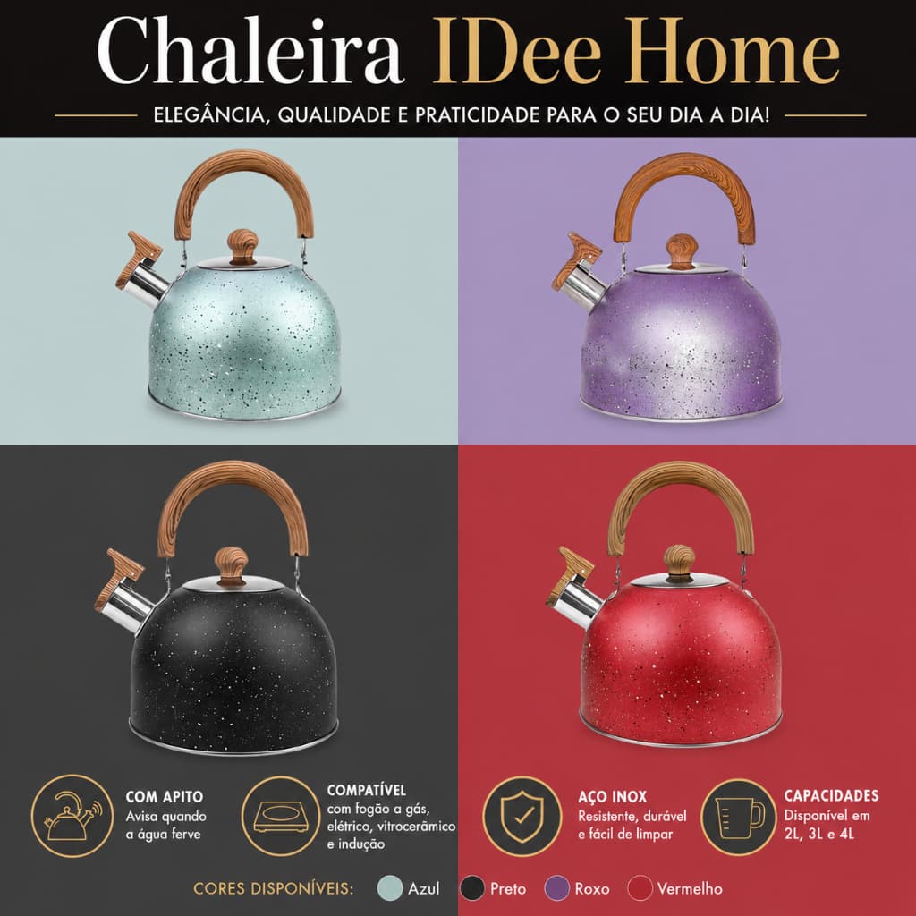 Chaleira De Aço Inox IDee Home 2/3/4 Litros com Apito Pode Ser Usado em Fogão de Indução Ideal para Chá e Café