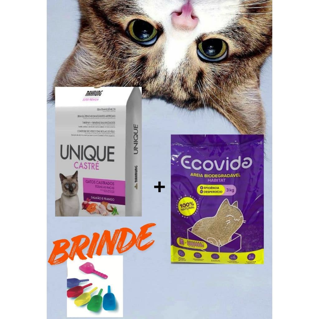KIT AREIA ECOVIDA 3KG + RAÇÃO UNIQUE CASTRE 2KG