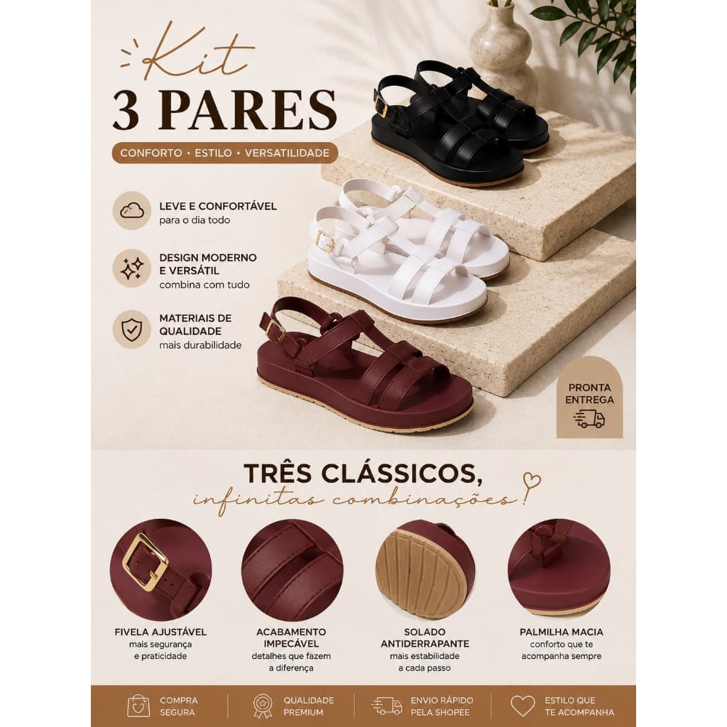 Kit 3 Pares Sandália Papete Feminina Plataforma Confortável Leve Casual Dia a Dia Econômico