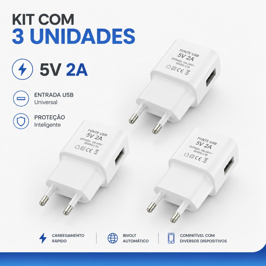 Kit 3 Fontes Carregador USB 5V 2A Universal Bivolt