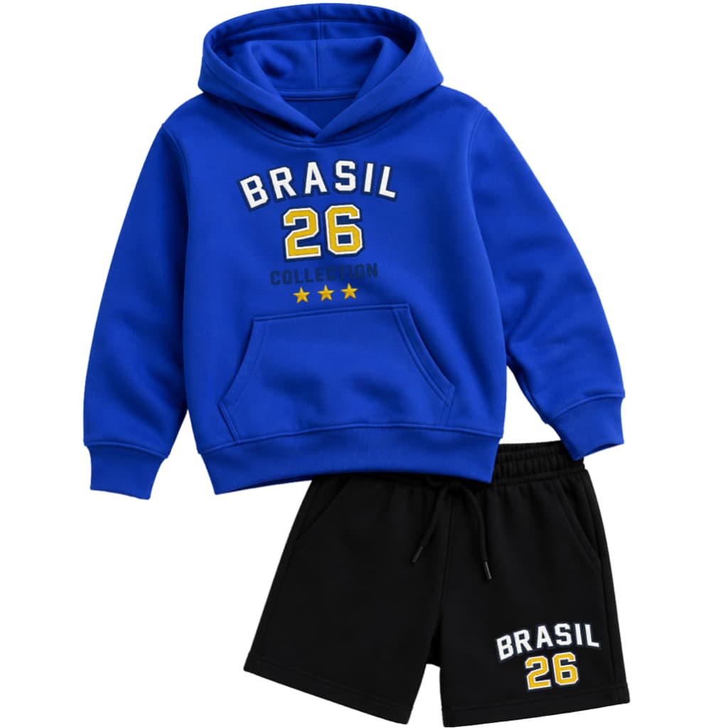 Conjunto Moletom Infantil Brasil 26 Azul Royal com Bermuda Preto Roupa Infantil Inverno Premium All’Ours