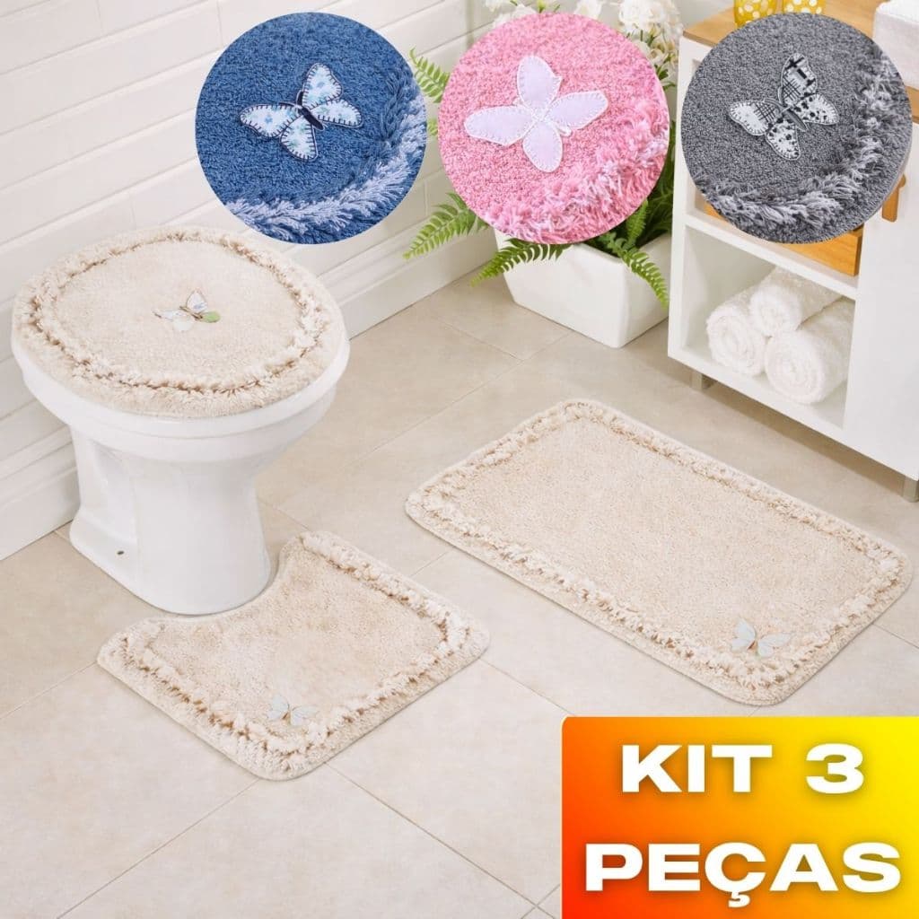 Jogo De Tapete 3 Pçs Banheiro Antiderrapante Peludo Decoração Macio