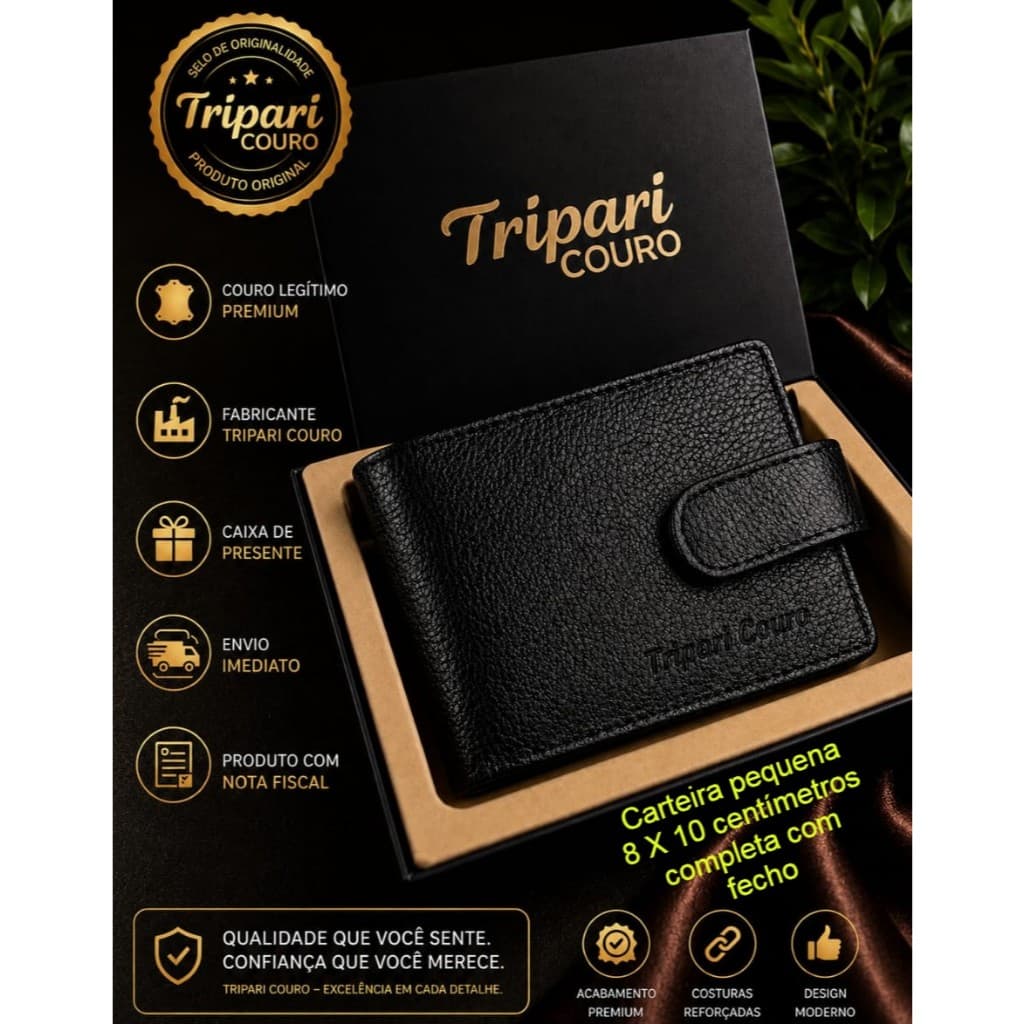 Carteira masculina pequena completa 8X10 couro legítimo premium Tripari couro caixa de presente