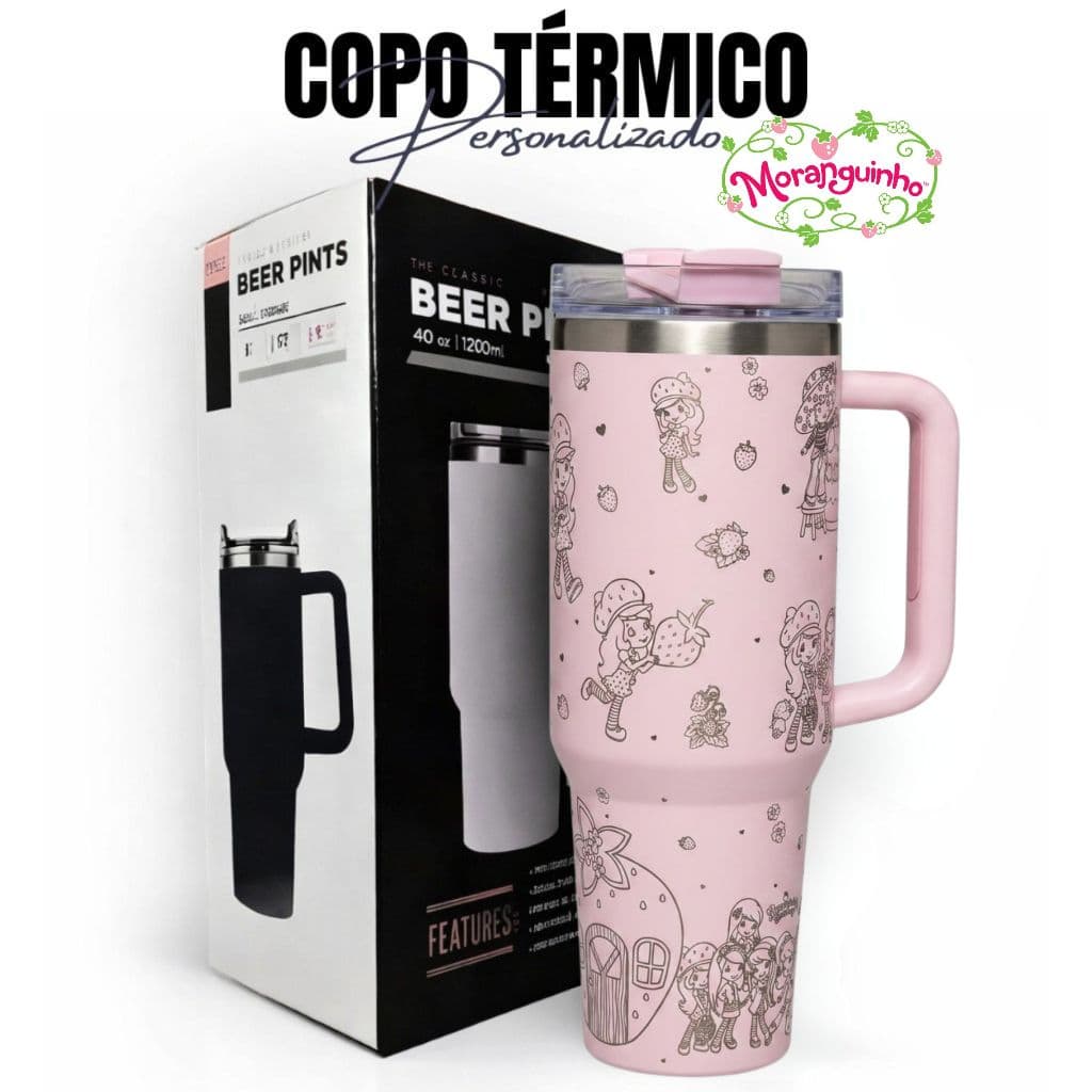 Copo Térmico 1200ml Personalizado Moranguinho Desenho Rosa  Gravação Laser 360 Graus