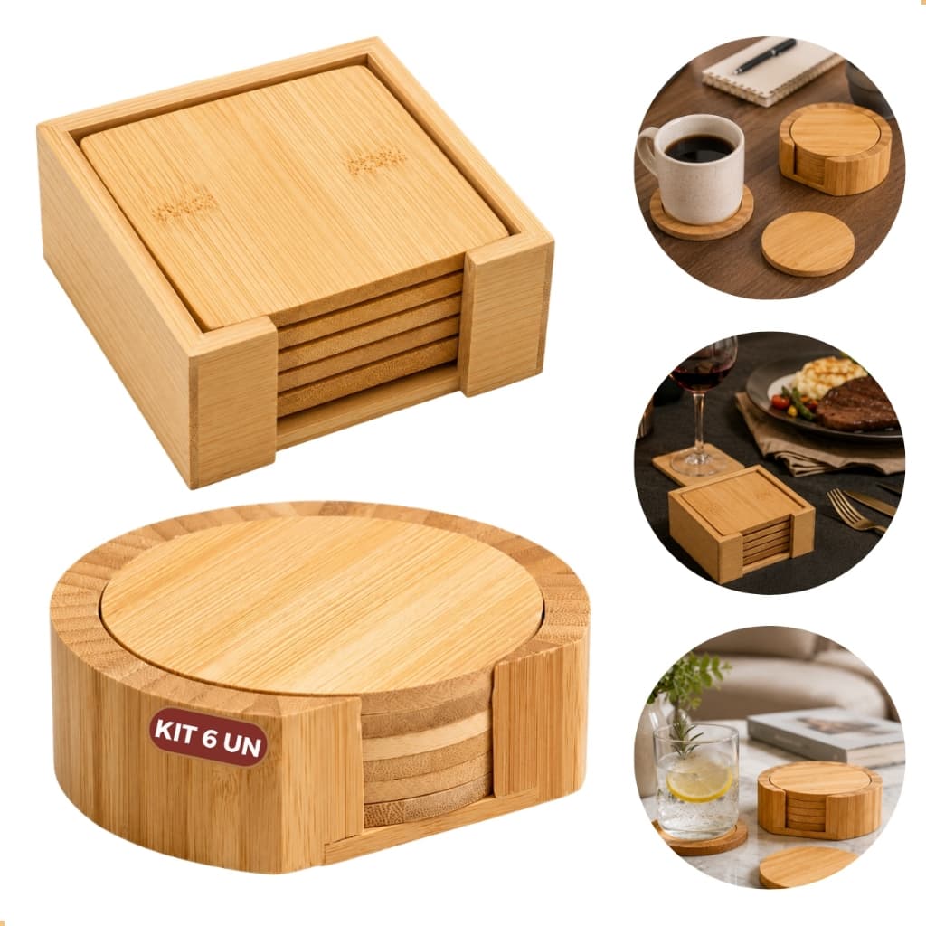 Porta Copos Bambu Natural com Suporte Conjunto 6 Peças Redondas para Copo Bolacha para Copo