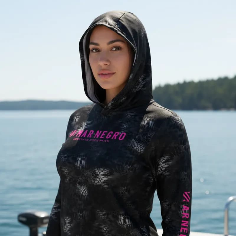 Camiseta Capuz Feminina Pesca Mar Negro Camisa com Luvinha Camuflada Elastano Proteção 50+