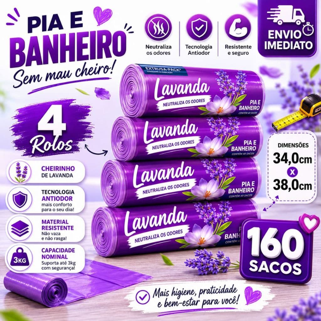 Saco De Lixo Perfumado Kit 2/3/4 sacos Econômico Pia Banheiro Neutraliza Odores Lavanda Cheiroso