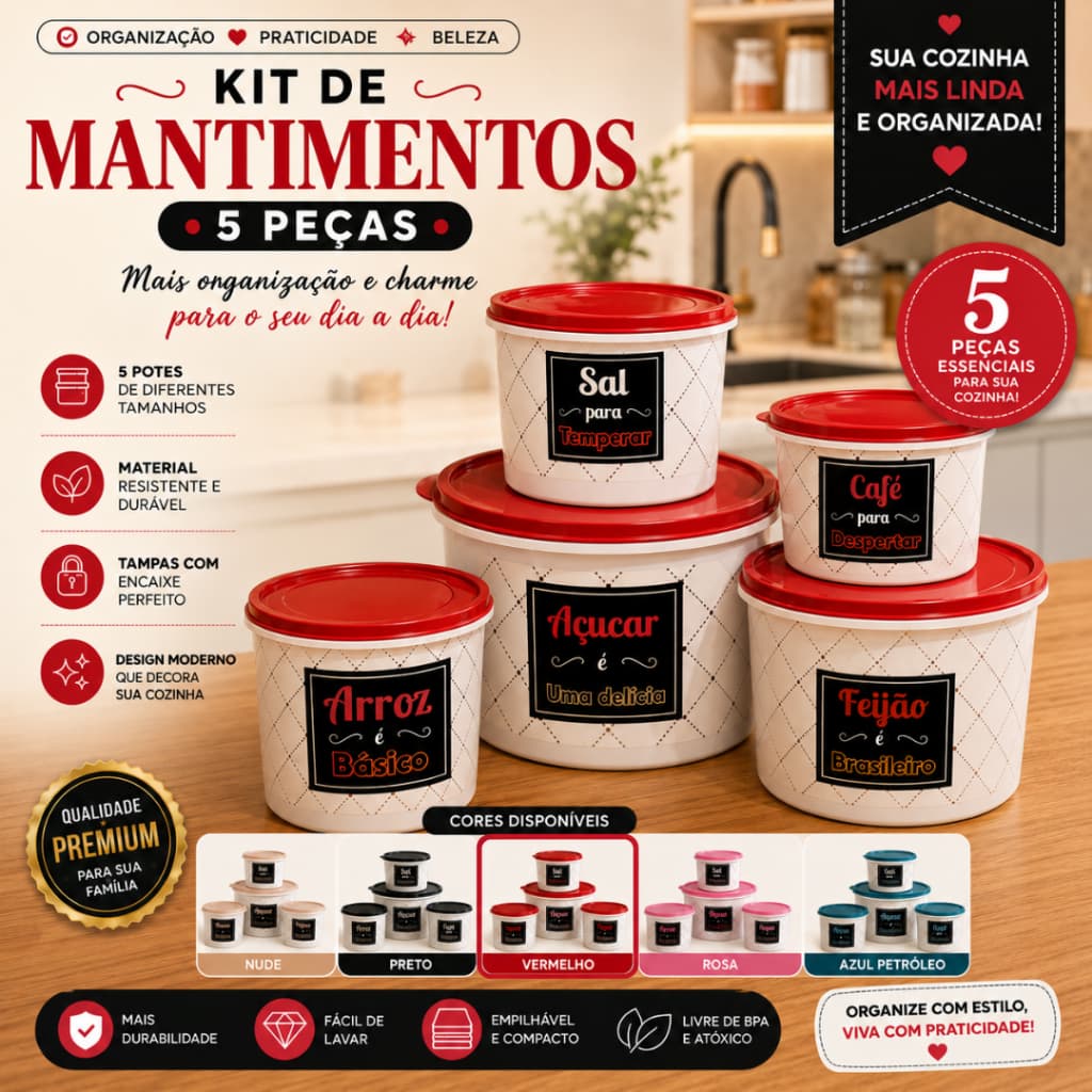 Porta Mantimento 5 Potes Decorado Com Adesivo Colorido Pote Branco Tampa Vermelha