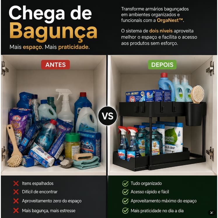 OrgaNest™ Organizador Multiuso 2 Níveis Bandeja Corrediça Preto Compacto Para Cozinha Banheiro Lavanderia