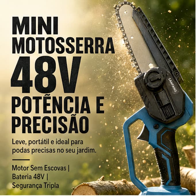Motosserra Elétrica Portátil 48V Recarregável com 3 Proteções de Segurança