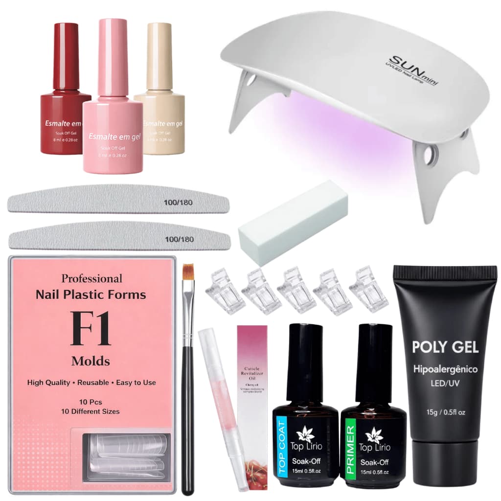 Kit Unhas de Gel Tips Molde F1 Cabine Minig LED UV 120w Polygel Completo iniciante