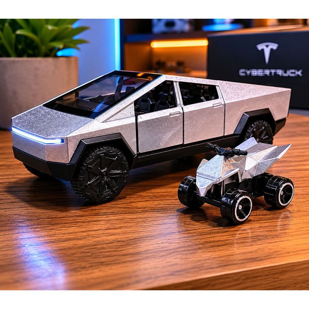 Tesla Cybertruck Miniatura 1:32 + Quadriciclo 🚀 Carrinho de Metal Premium Abre Portas Colecionável Infantil Decorativo
