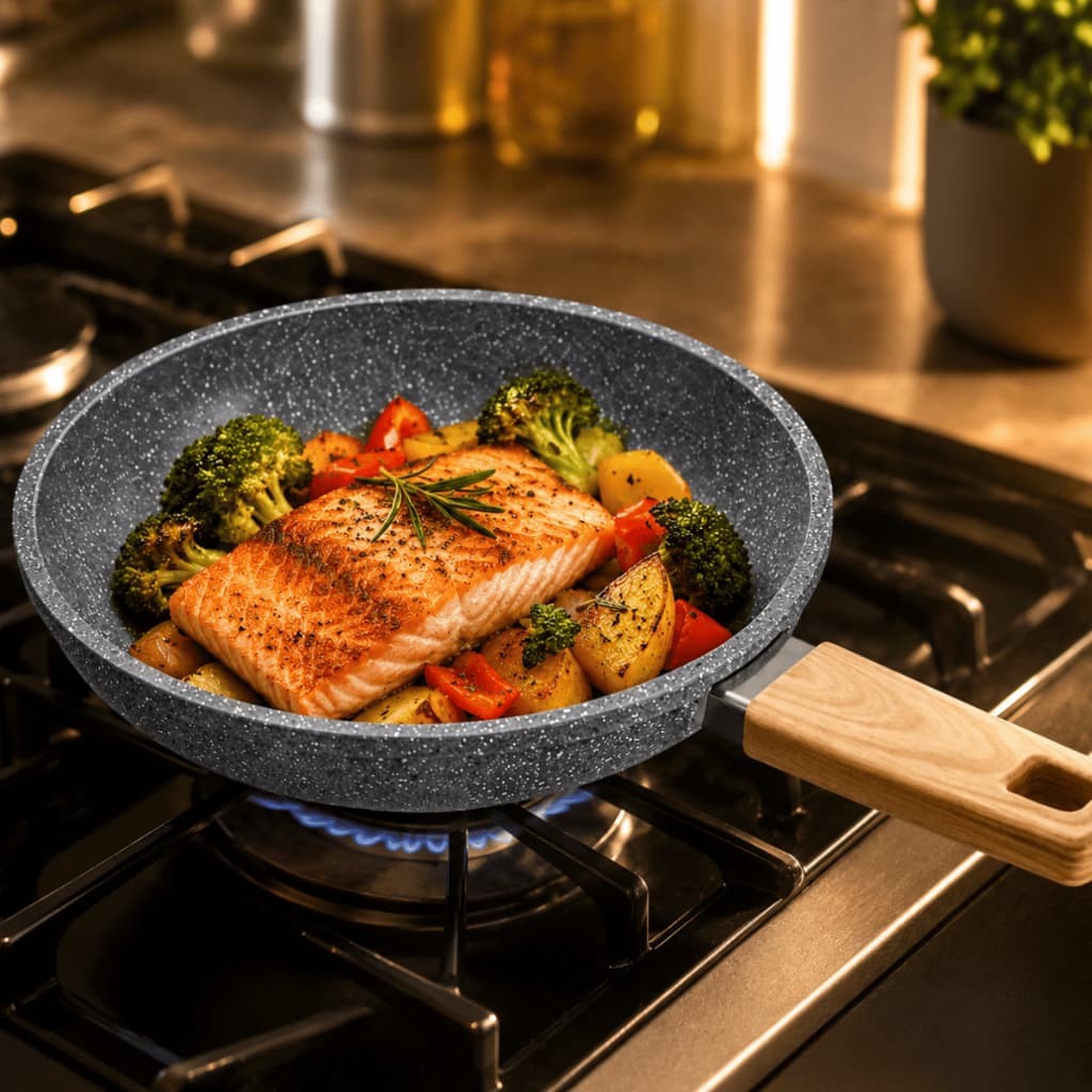 Frigideira Max Chefe Wood 22cm Cinza Antiaderente Não Gruda Sem Óleo Marmorizada Premium Luxo