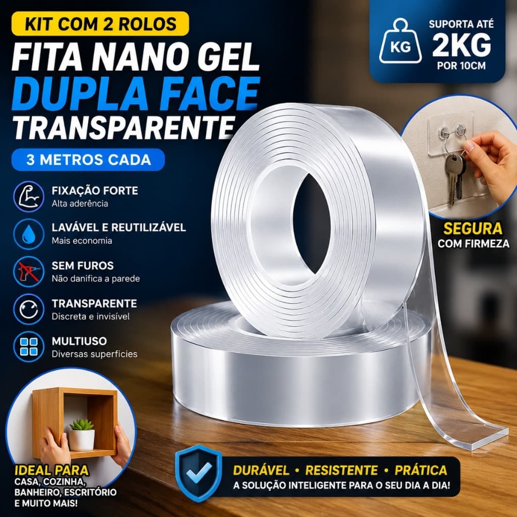 Kit 2 Fita Nano Gel Dupla Face Transparente 3m Forte Reutilizável Parede Porta Móveis