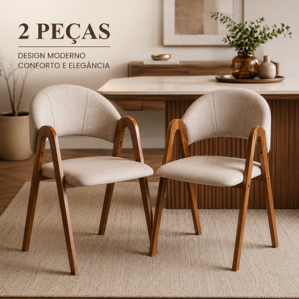 Kit 2 Cadeira Concha Linho Madeira Maciça Premium Sala de Jantar  Duna Moderna Cozinha