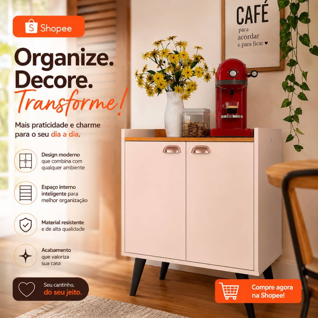 Buffet Aparador 2 Portas Linea Off Cinamomo Retrô | Multiuso para Cozinha, Cantinho do Café e Sala