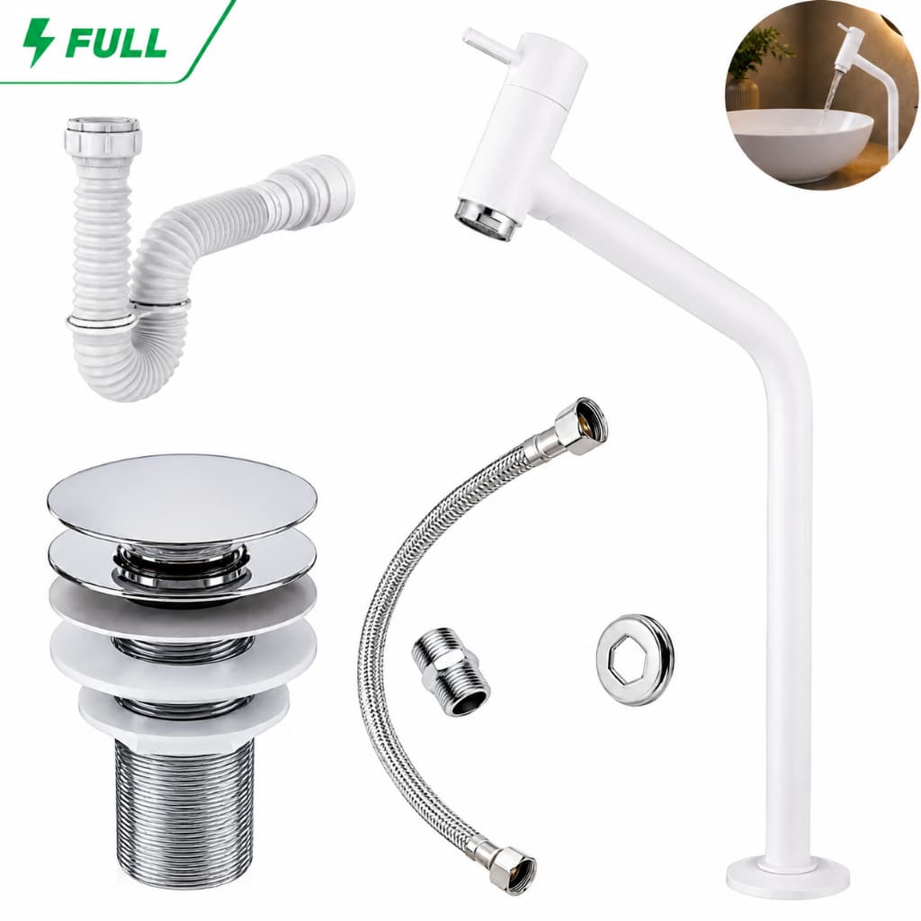 Kit Banheiro em ABS Torneira Bancada Link Ralo Válvula Click 7/8 Branco Sifão Flexível Universal