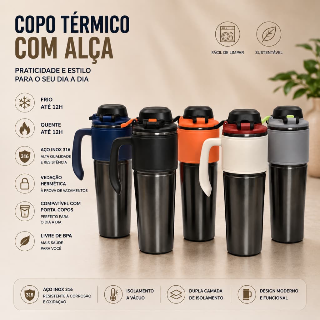 Garrafa Termica Inox 1000ml Revestimento Ceramico Tampa com Trava Giratoria Abertura Rapida Copo Estreito para Carro
