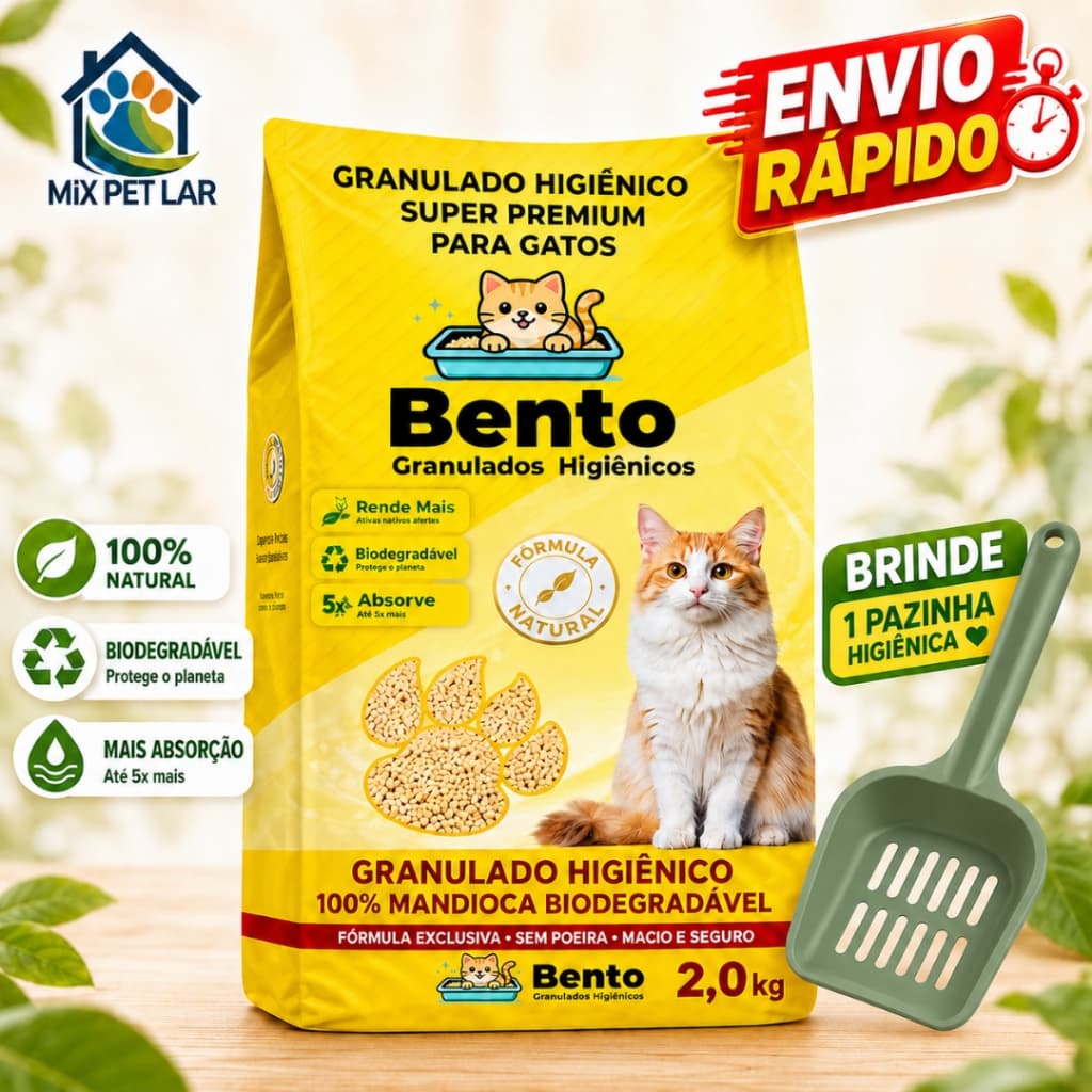 AREIA HIGIÊNICA BIODEGRADÁVEL BENTO MANDIOCA GRANULADOS PARA GATOS 100% NATURAL + PÁ HIGIÊNICA