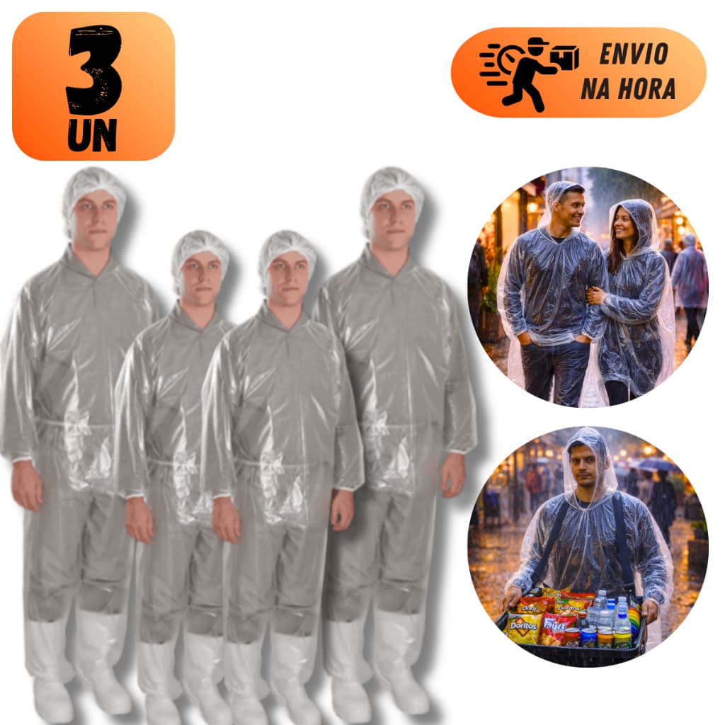 CONJUNTO CAPA DE CHUVA DESCARTÁVEL TRANSPARENTE COM CAPUZ JAQUETA E CALÇA TAMANHO ÚNICO