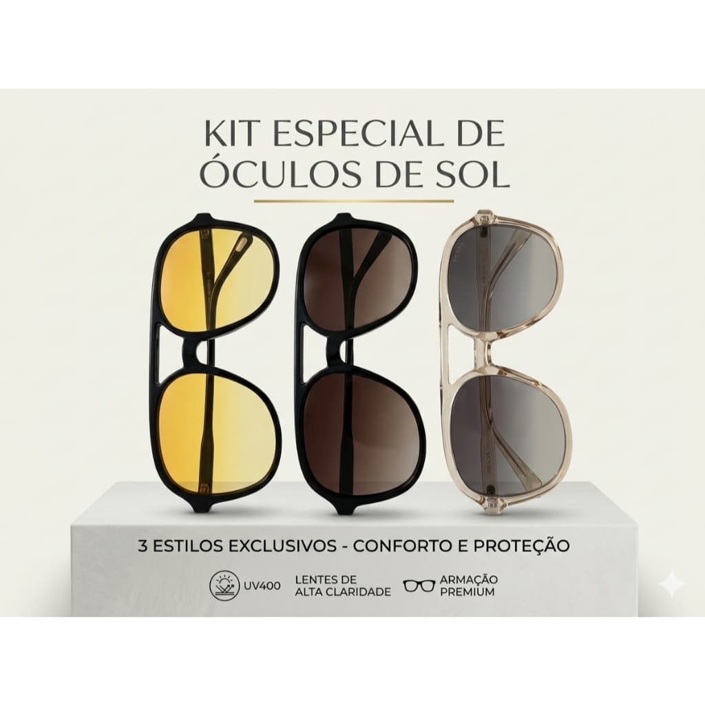 Kit 3 Óculos de Sol Premium - Estilo Aviador Moderno (Coleção Exclusiva)