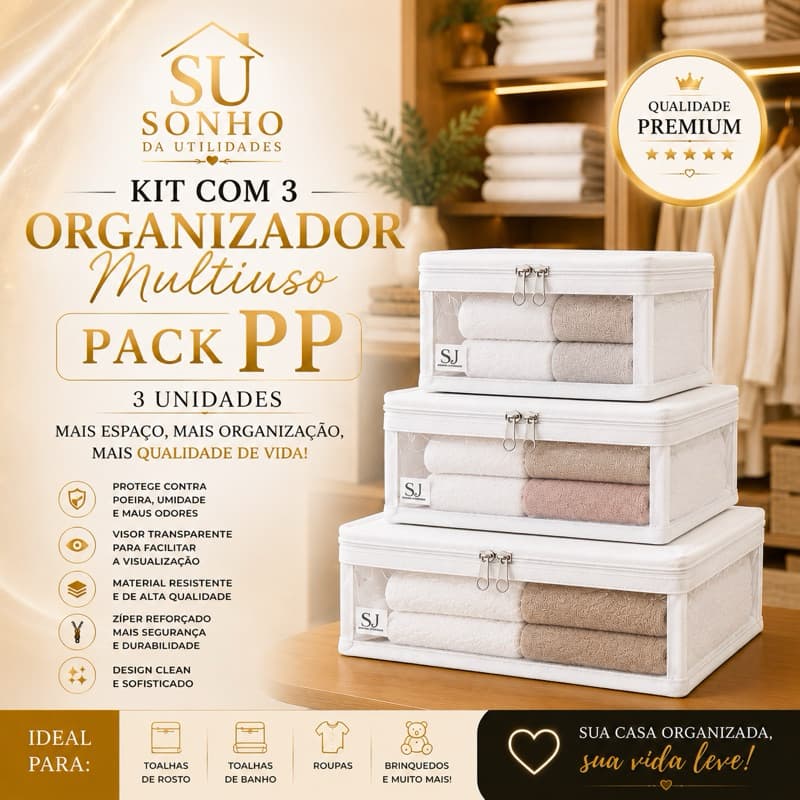 Kit com 3 Pack Organizador PP Premium Luxo Branco – Visor Transparente e Acabamento Sofisticado | SU Sonho