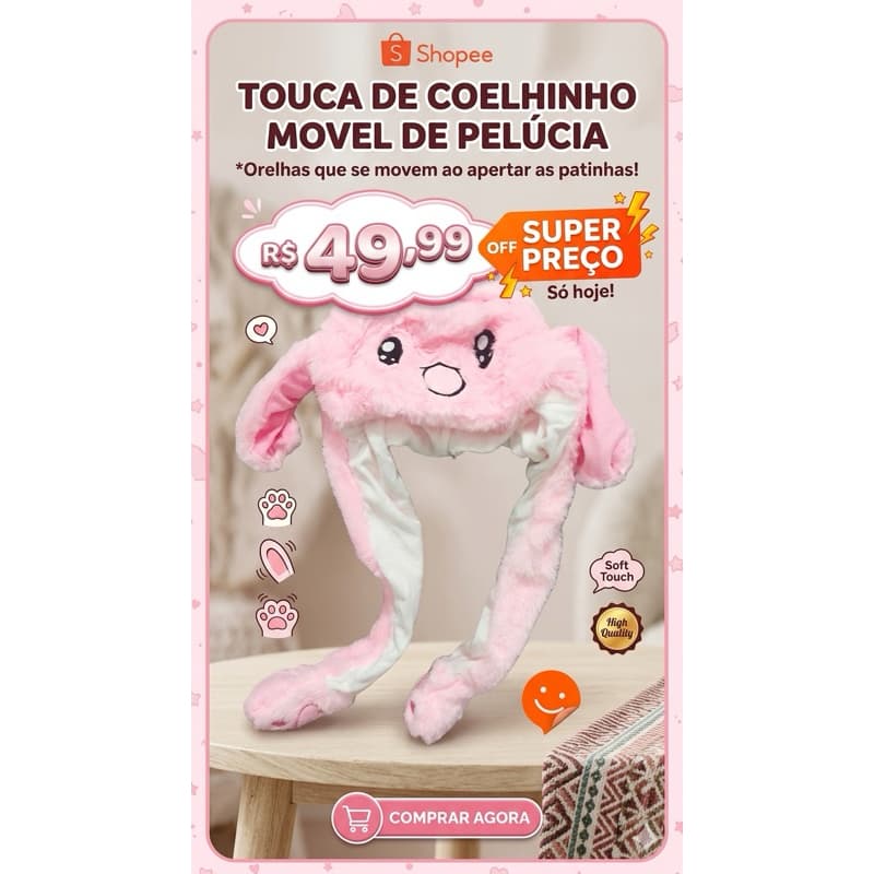 Touca De Pelúcia Bichinho Que Mexe A Orelha Animais Fofo Infantil