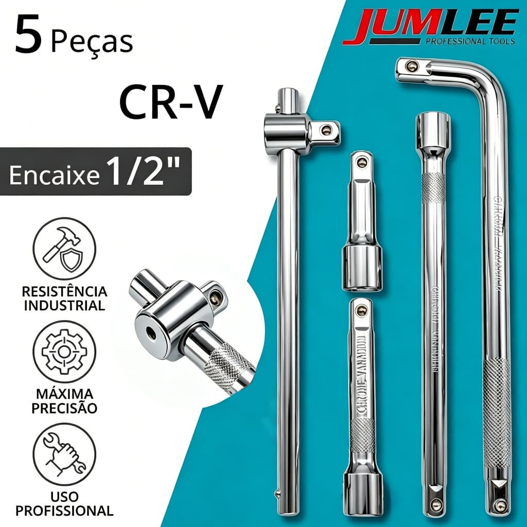 Kit 5 Peças Barra Extensão Soquete Cabo L e T 1/2" Aço CR-V Profissional para Mecânico