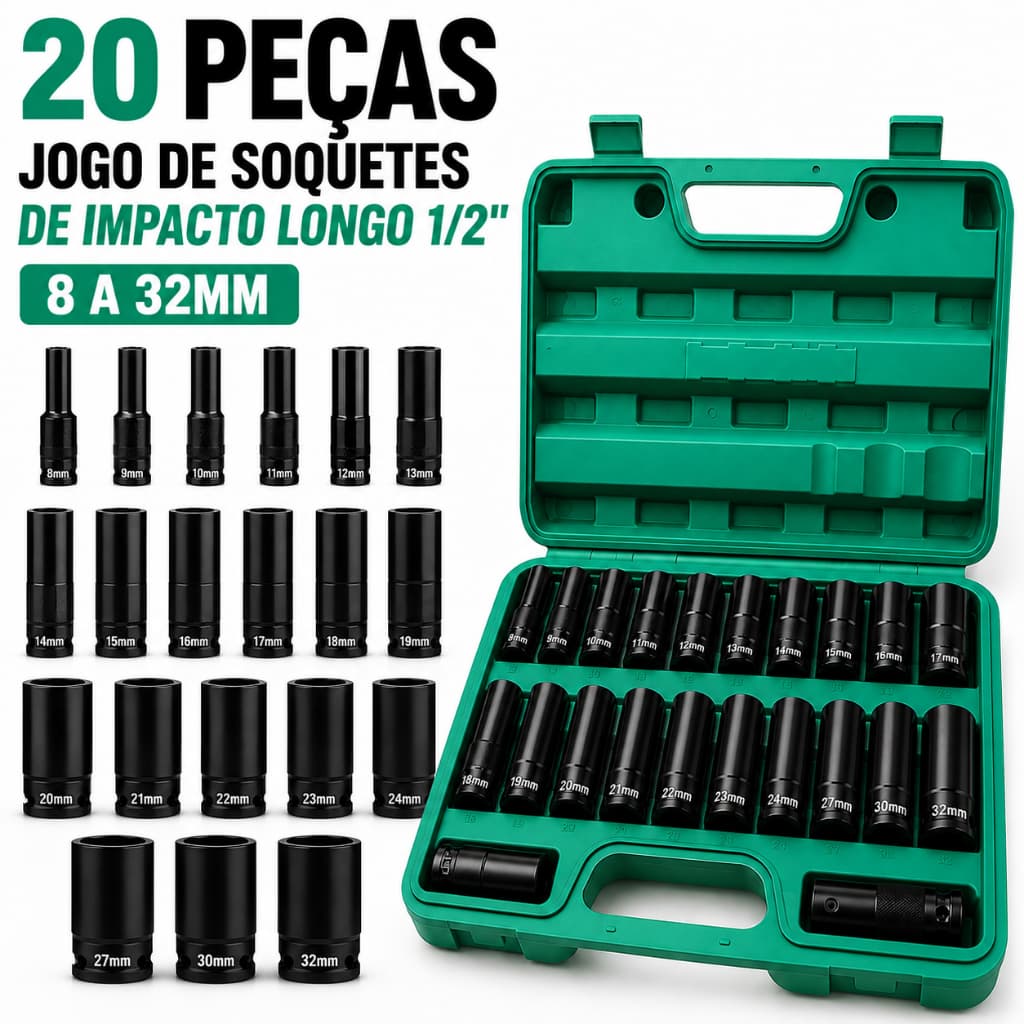 20/10 PCS Jogo de soquetes de impacto longo 1/2 Pol. 8mm - 32mm – Pronta Entrega