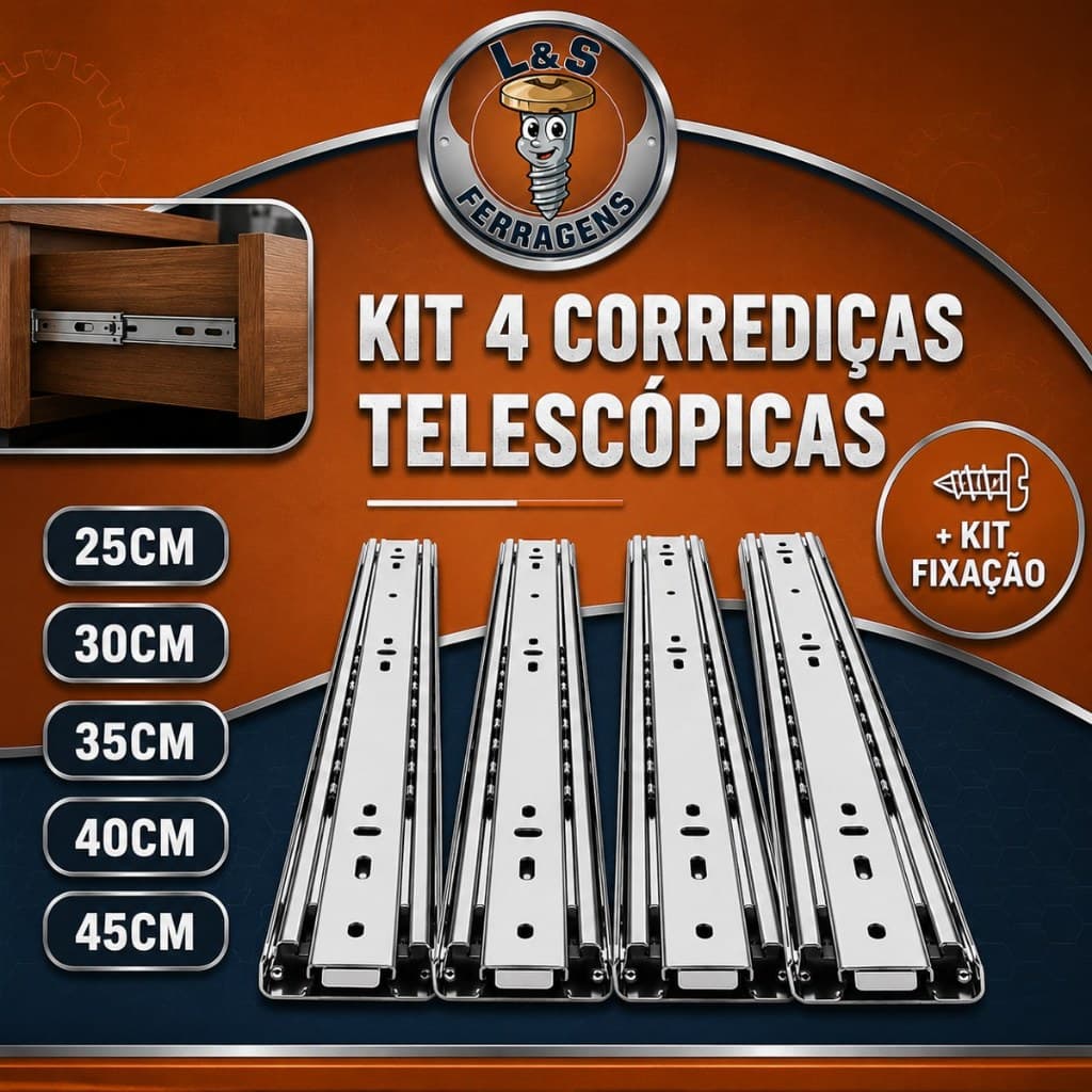Kit 4 Corrediças Telescópicas Light Gaveta Aço Trilho Com Parafusos 25cm 30cm  40cm 45cm Reforço
