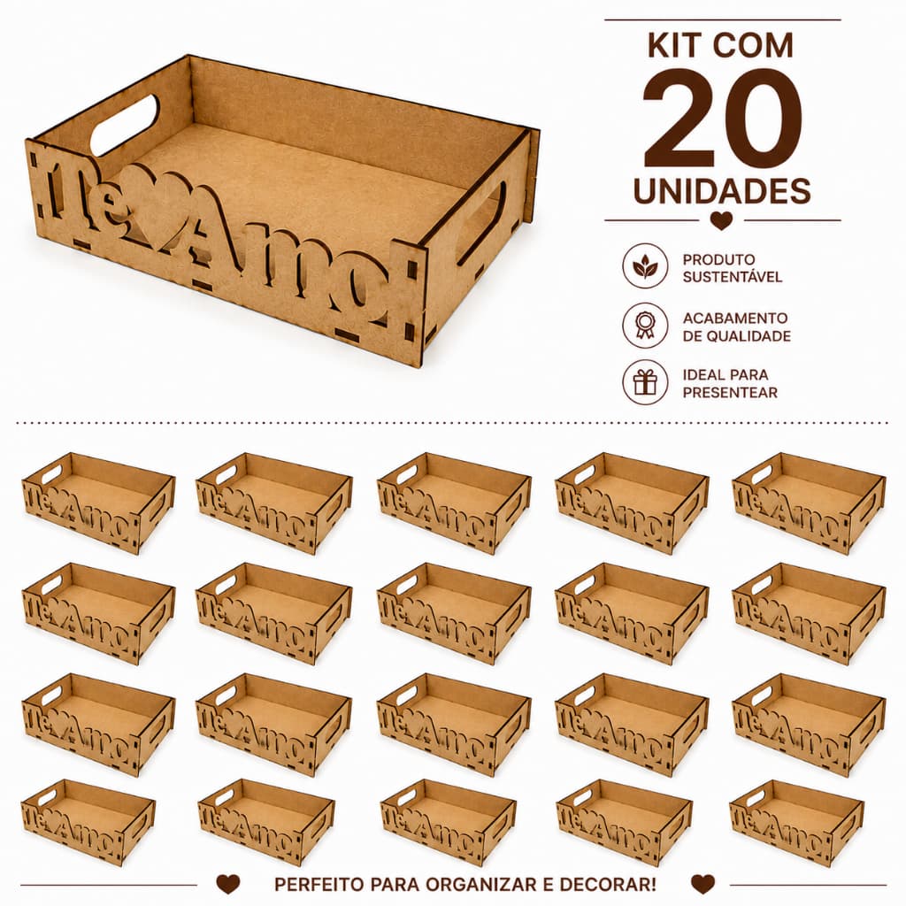 Bandeja Café da Manhã 20 Unidades Mdf Escrita Te Amo Cesta