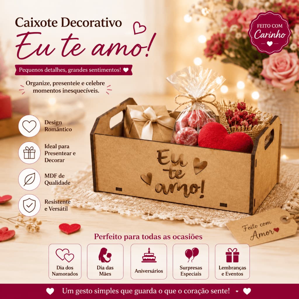 10 Cesta Mdf Caixote Decorativo Eu Te Amo Presente Dia dos Namorados