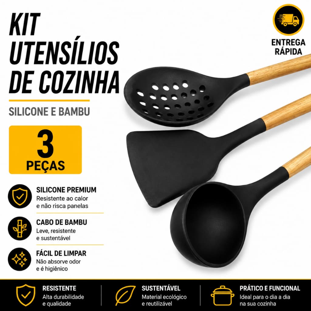 Kit 3 Utensilio Silicone Espátula + Concha + Escumadeira